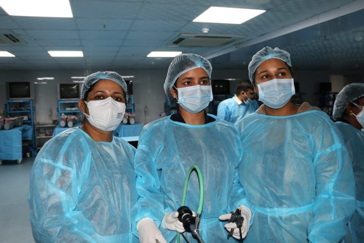 Gynecologists in wet lab practicing Laparoscopic Tubal Sterilization, Salpingostomy, Ovarian Drilling and Hysterectomy surgery on the Live Tissue. Demonstration by Dr .Rahul Pandey