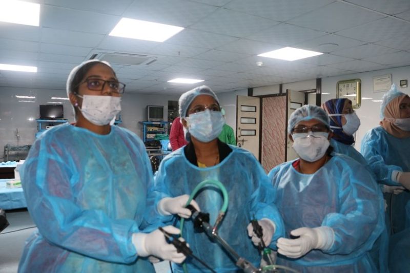 Surgeons performing Laparoscopic Appendicectomy, Duodenal perforations and TAPP Trans Abdominal Preperitoneal Inguinal Hernia repair and Gynaecologist performing Ovarian Drilling and Hysterectmy, Tubal recanalization on the Live Tissue.