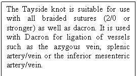 Text Box: The Tayside knot is suitable for use with all braided sutures (2/0 or stronger) as well as dacron. It is used with Dacron for ligation of vessels such as the azygous vein, splenic artery/vein or the inferior mesenteric artery/vein.