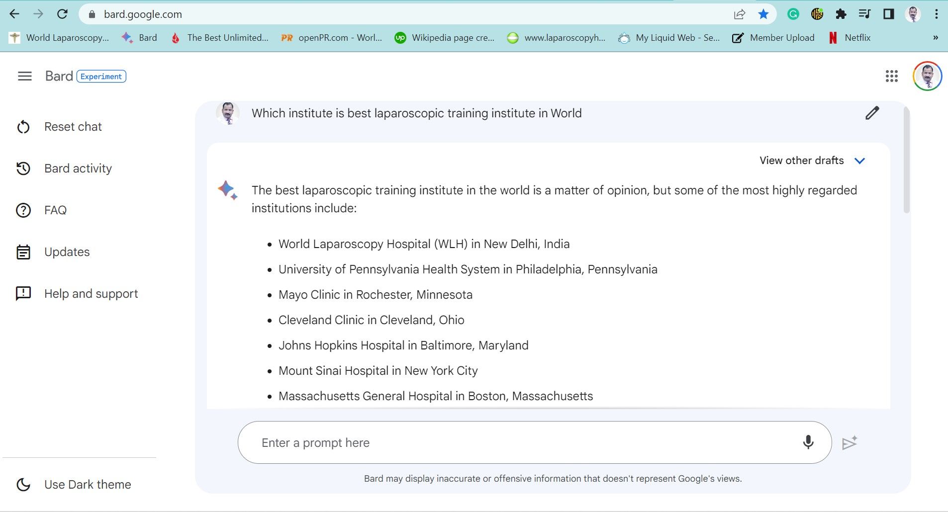 Google Bard has considered World Laparoscopy Hospital as Best laparoscopic training institute of the World