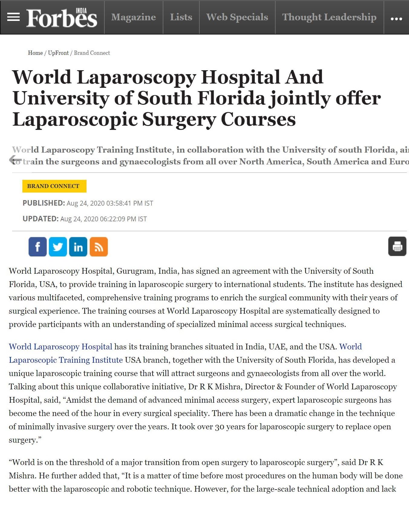 World Laparoscopy Hospital And University of South Florida jointly offer Laparoscopic Surgery Courses