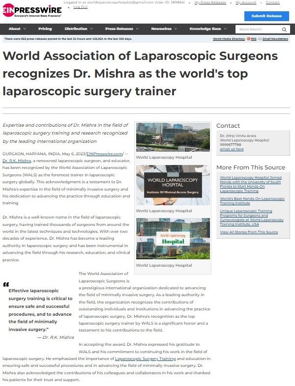 World Association of Laparoscopic Surgeons recognizes Dr. Mishra as the world's top laparoscopic surgery trainer